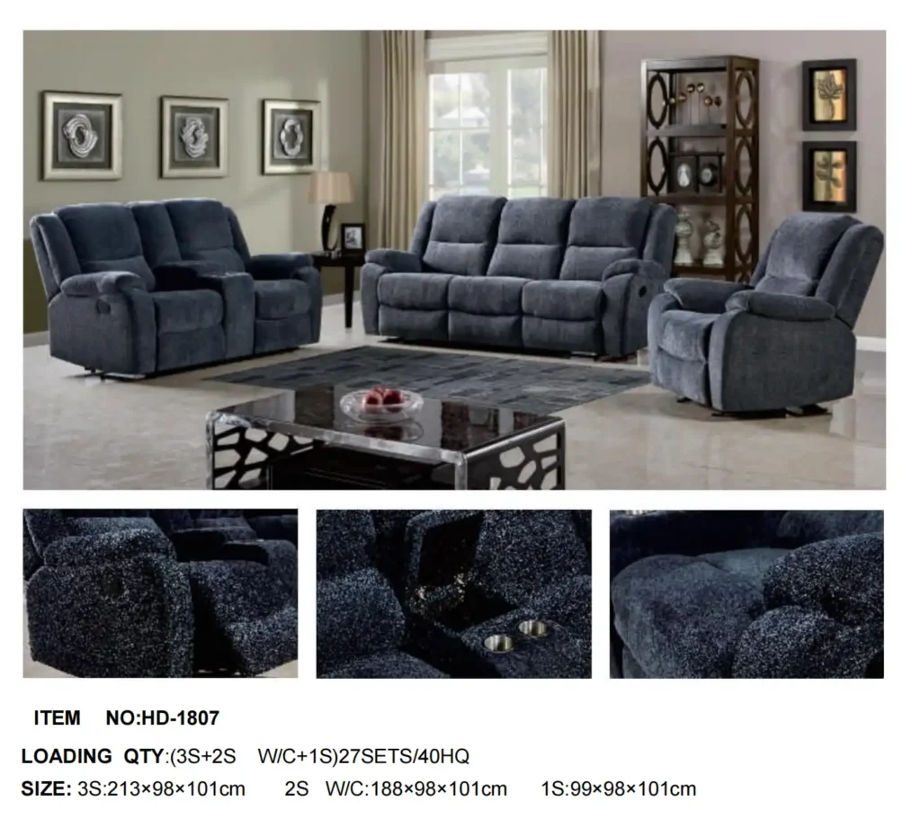 HD-1807 Plush Fabric Recliner Sofa Set – 3 Seater + Loveseat + Single Chair