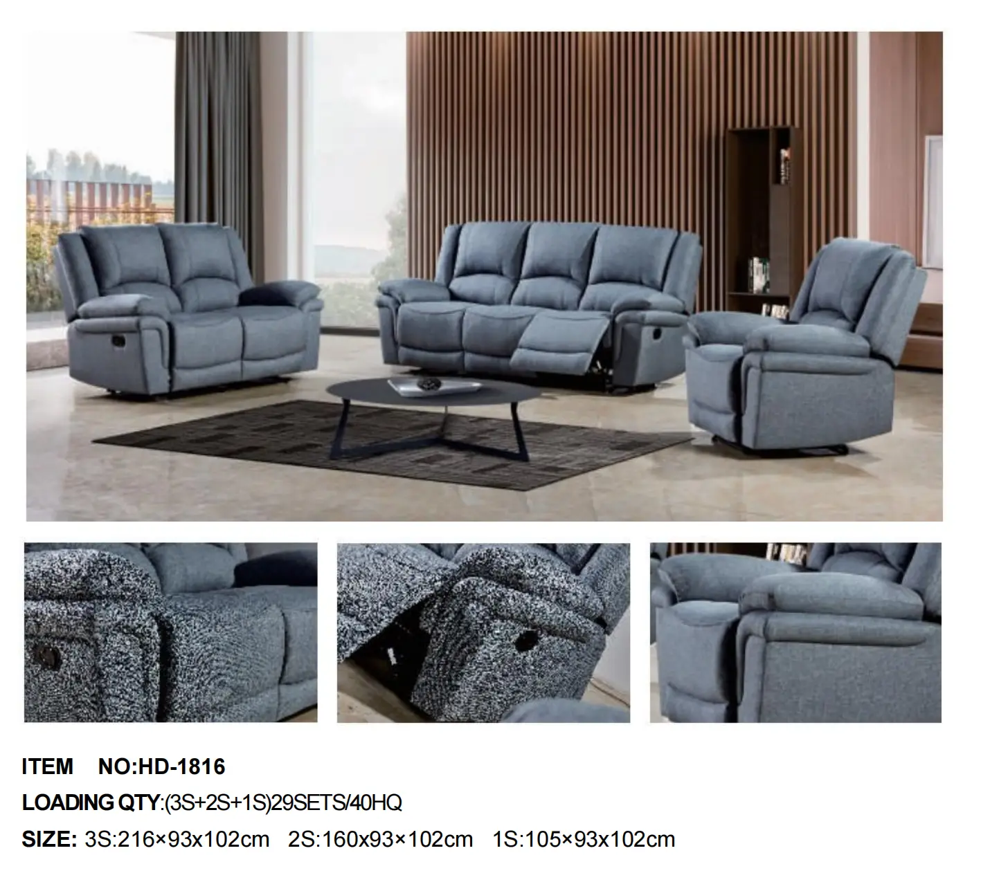 HD-1816 Recliner Sofa Set (3+2+1 Living Room Collection)