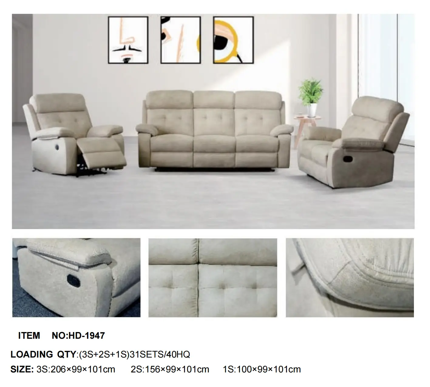 HD-1947 Fabric Recliner Sofa Set (3+2+1 Living Room Collection)