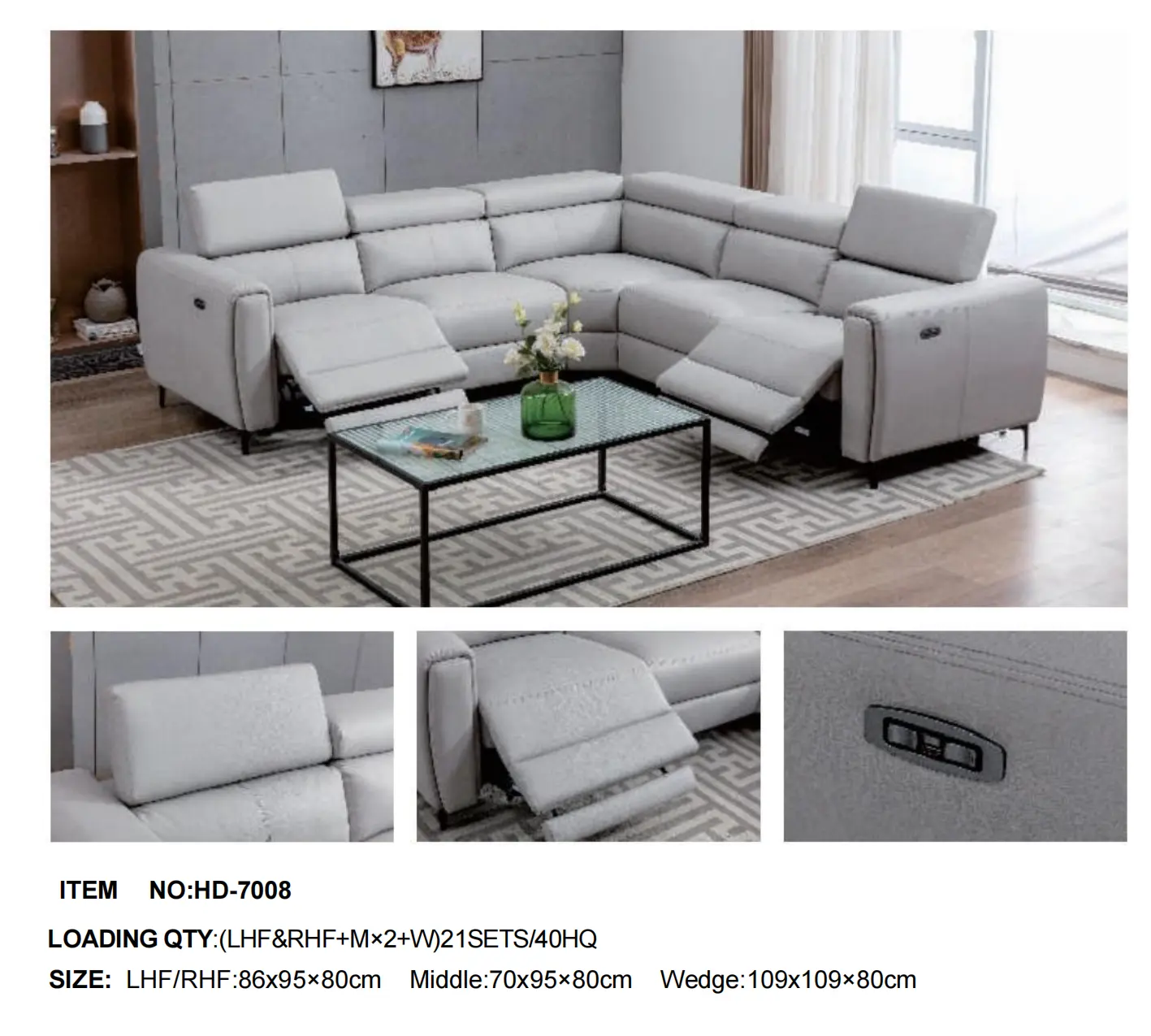 HD-7008 Electric Recliner Corner Sofa Set (LHF+RHF+Middle+Wedge Modular Collection)