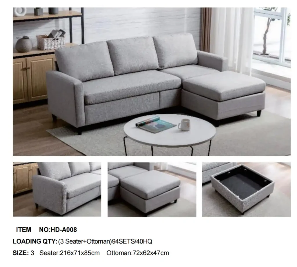 HD-A008 Modern Fabric Sofa with Storage Ottoman (3-Seater Sectional)
